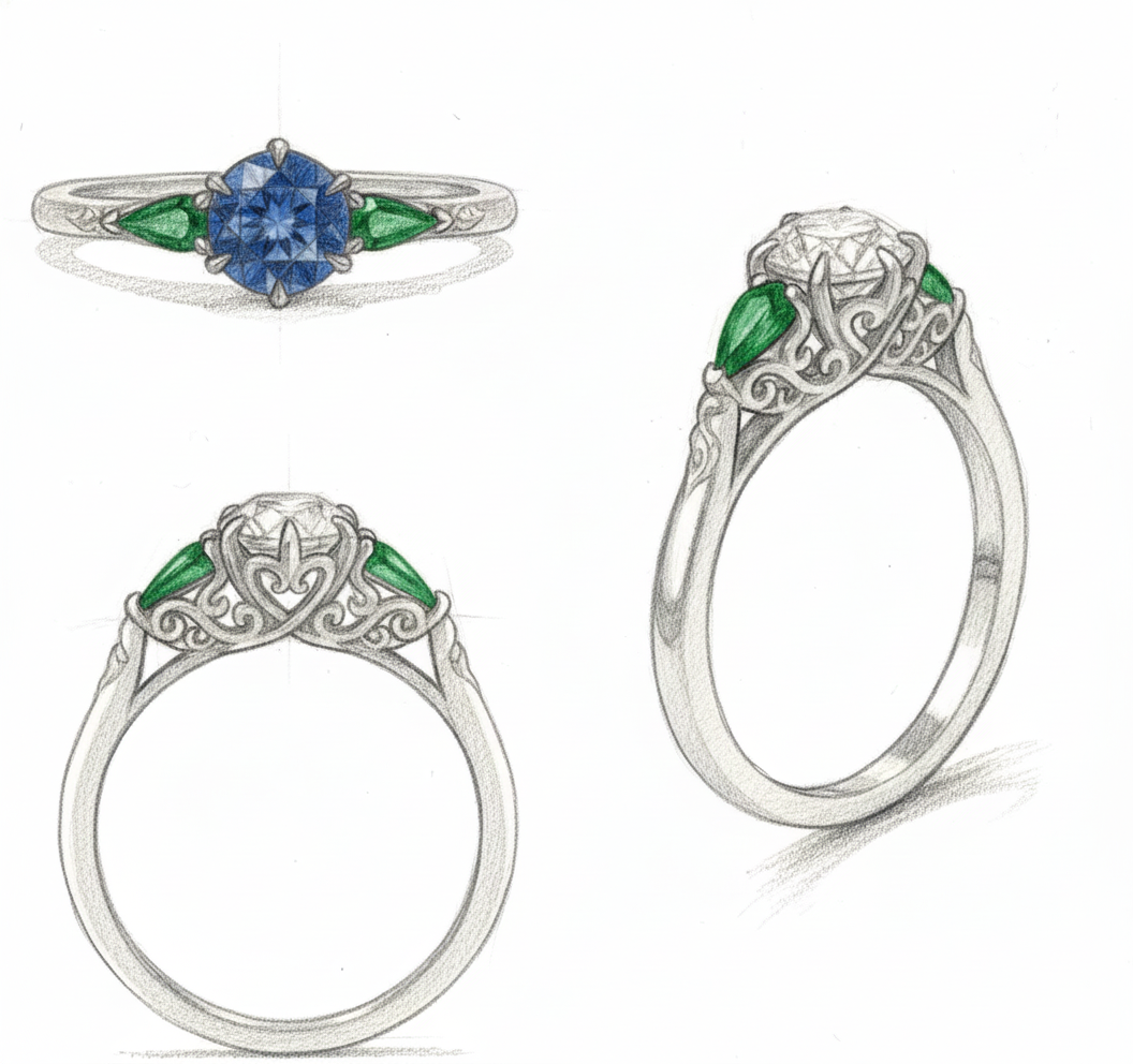 Original engagement ring design sketch showing a blue center stone, green accents and scrollwork