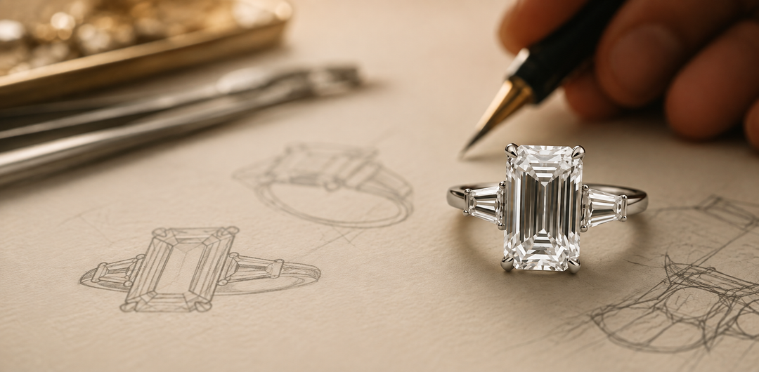 Emerald-cut diamond engagement ring with tapered side stones beside hand-drawn ring design sketches