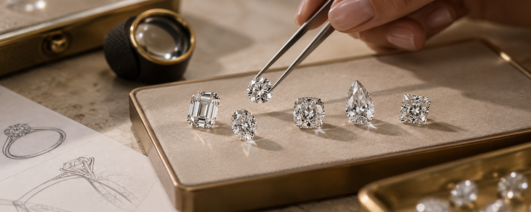 Jeweler comparing loose diamonds for a custom engagement ring