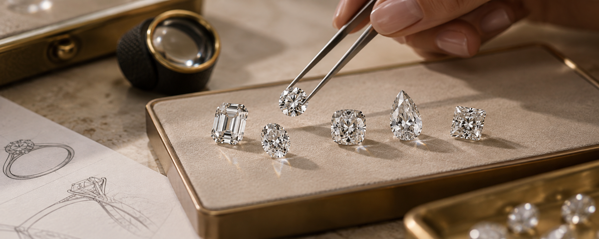 Jeweler comparing loose diamonds for a custom engagement ring