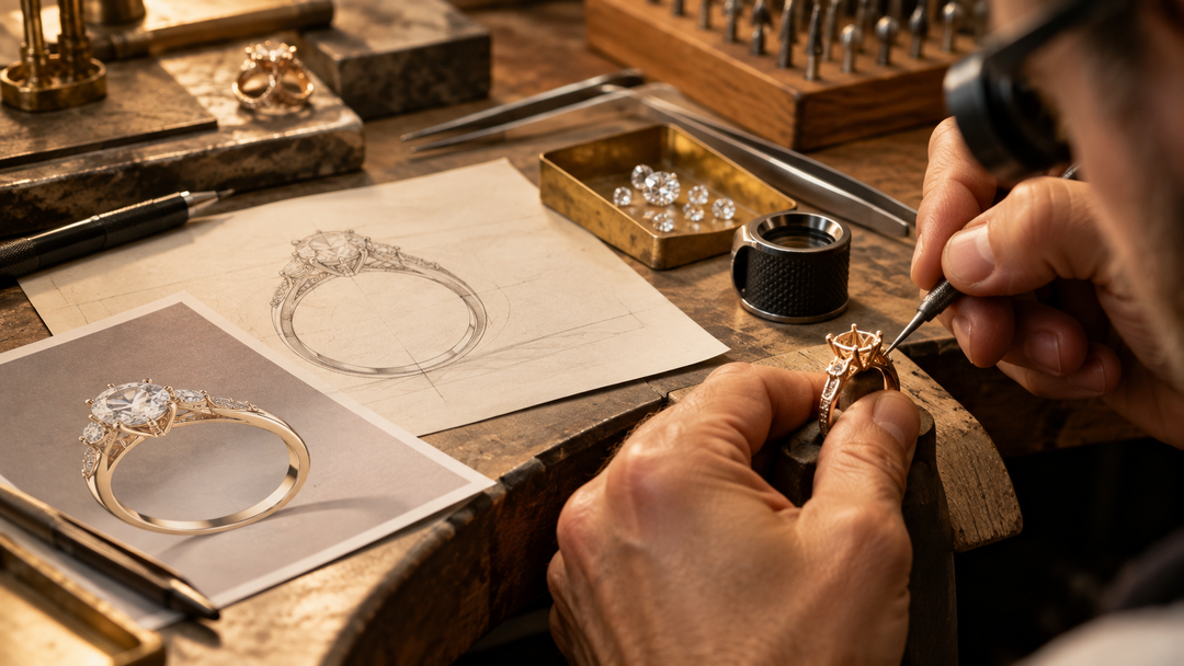 Jeweler working on a custom engagement ring setting at a workbench beside diamond ring sketches and loose diamonds.