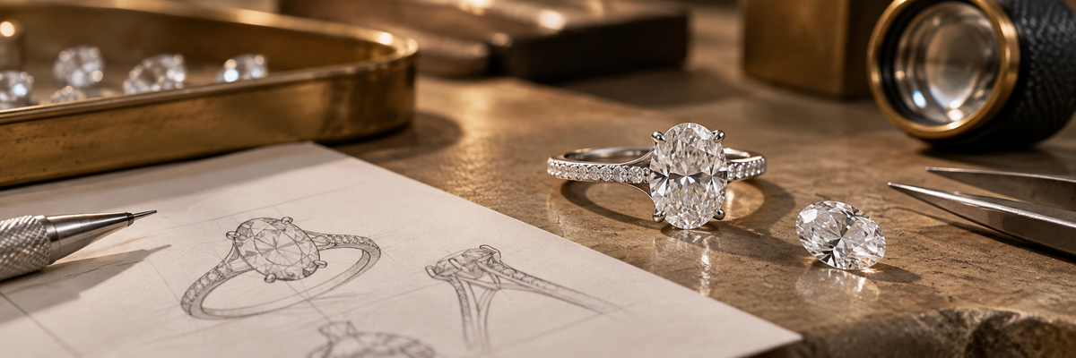 Oval diamond engagement ring with loose diamond and design sketches on a jeweler’s workbench