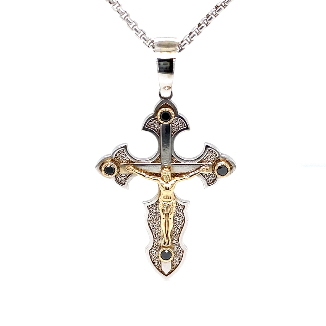 14K two-tone gold crucifix cross pendant with black diamonds