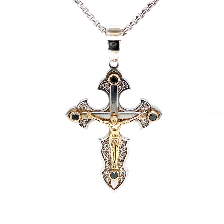 14K two-tone gold crucifix cross pendant with black diamonds