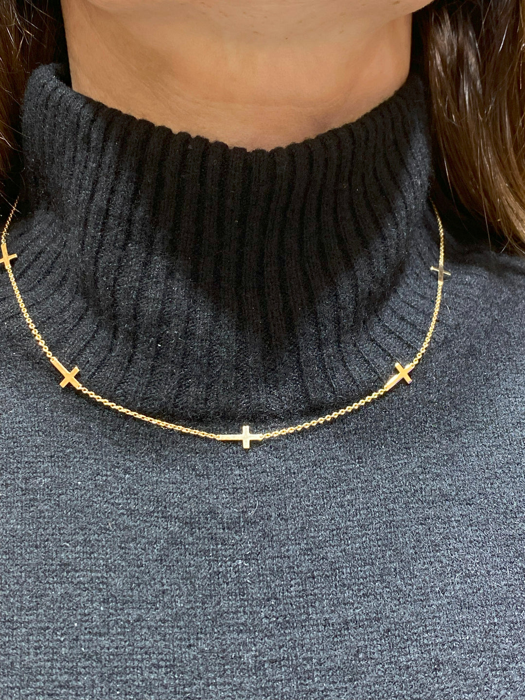 14K Yellow Gold 5-Station Sideways Cross Necklace