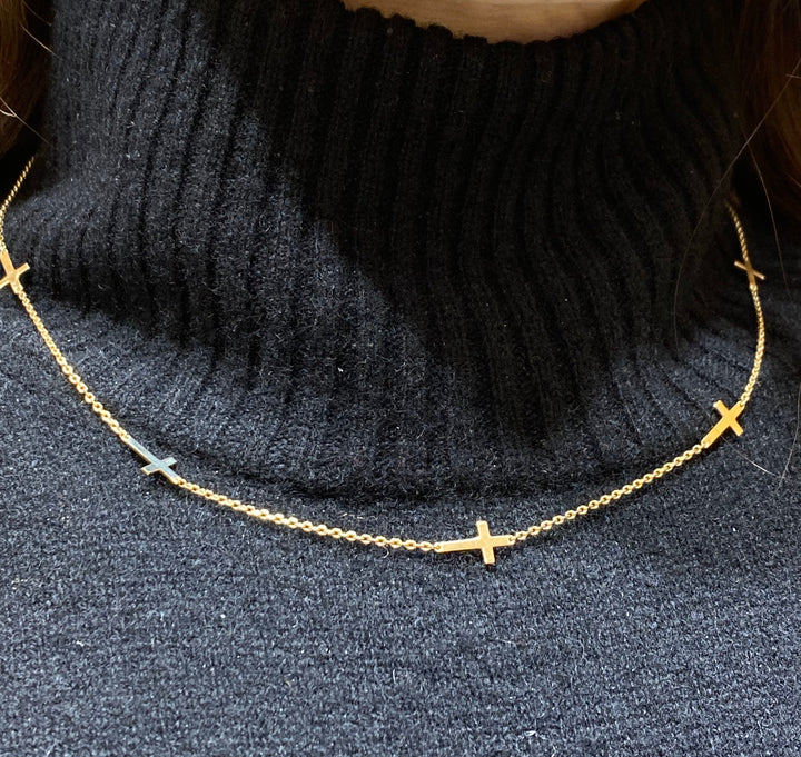 14K Yellow Gold 5-Station Sideways Cross Necklace