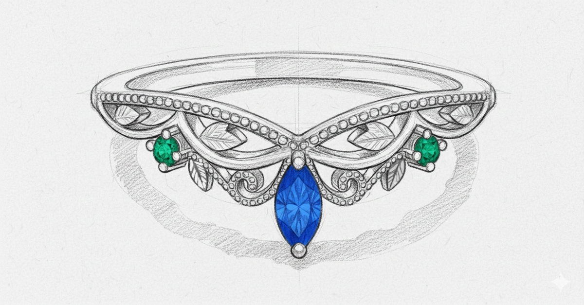Original tiara-inspired wedding band sketch with a blue marquise-shaped stone and green accents