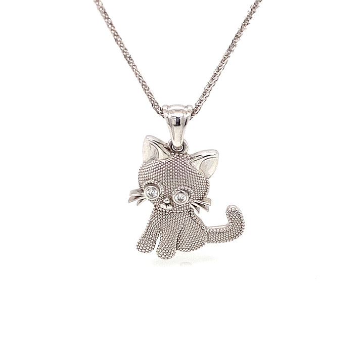 14K White Gold Cat Pendant Necklace with Diamond Eyes