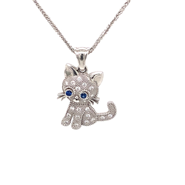 14K White Gold Cat Pendant Necklace with Sapphires &amp; Diamonds
