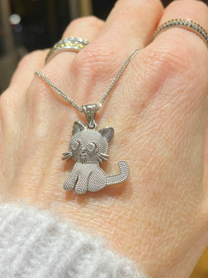 14K White Gold Cat Pendant Necklace with Diamond Eyes
