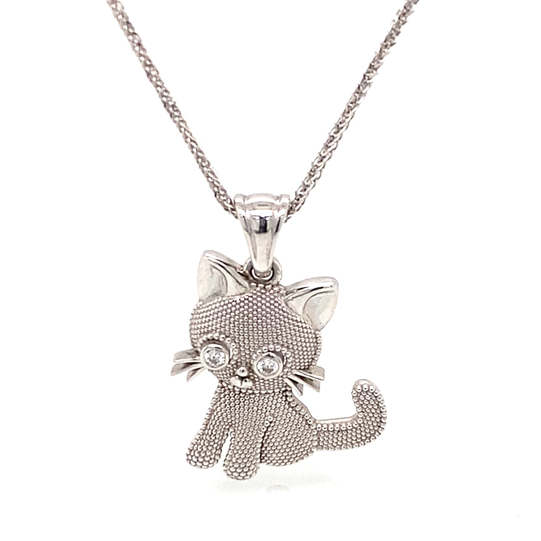 14K White Gold Cat Pendant Necklace with Diamond Eyes