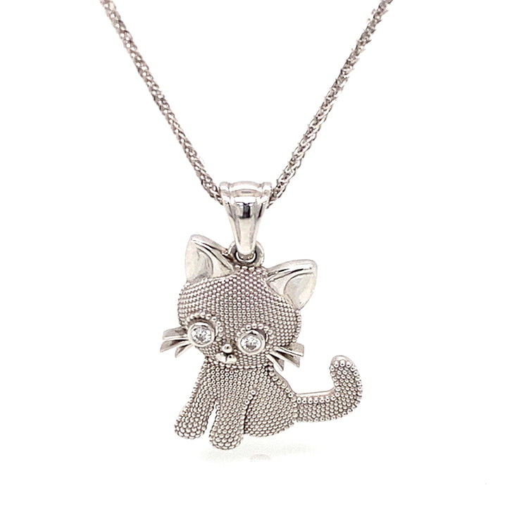 14K White Gold Cat Pendant Necklace with Diamond Eyes