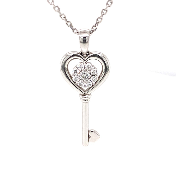 18K White Gold Heart Key Diamond Cluster Pendant