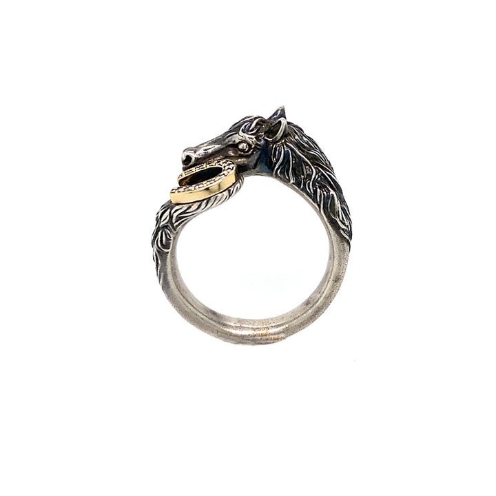 One-of-a-Kind Horse Head Ring with 18K Gold Diamond Horseshoe