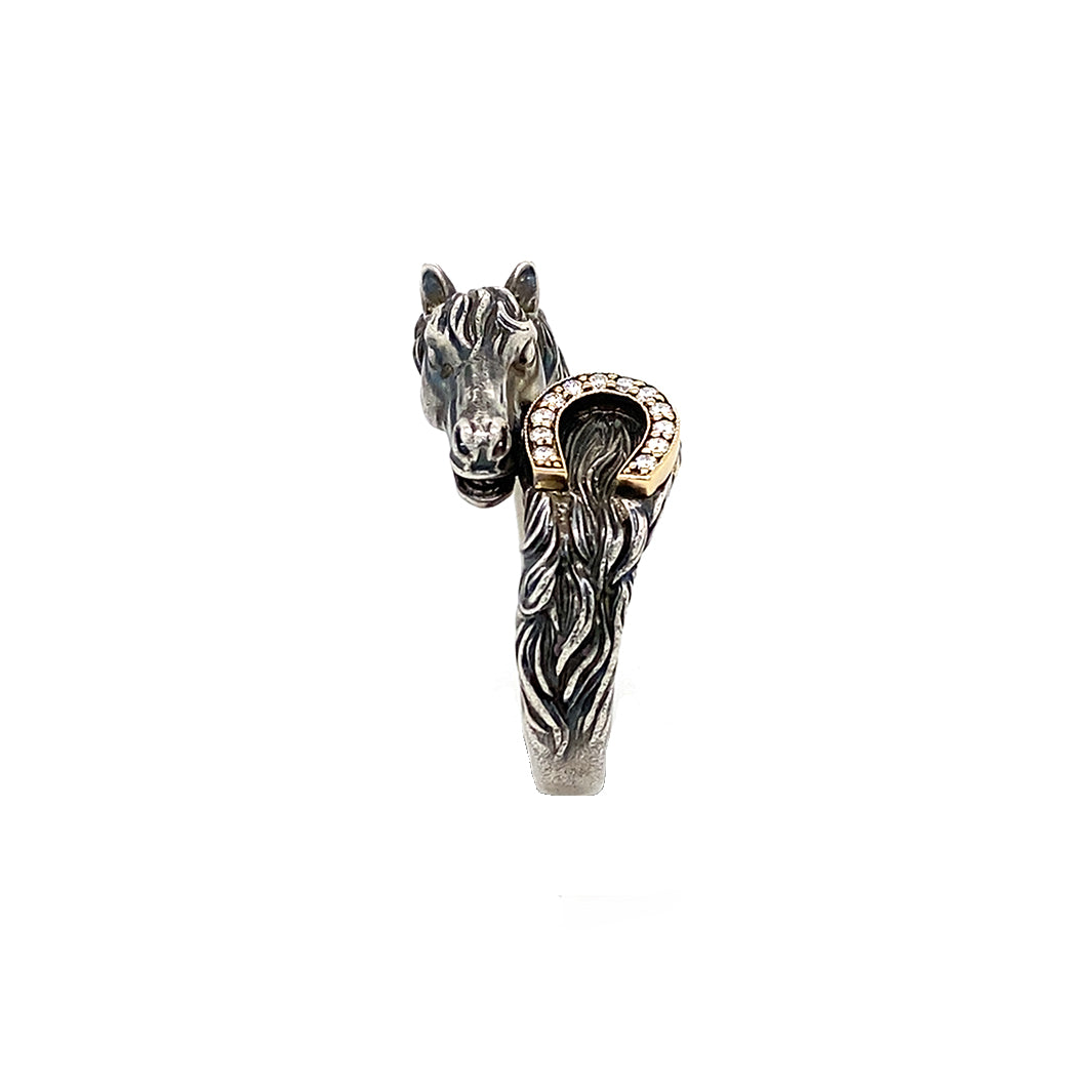 One-of-a-kind horse head ring with 18K gold diamond horseshoe