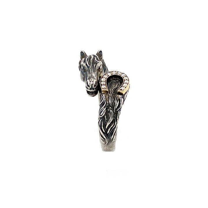 One-of-a-kind horse head ring with 18K gold diamond horseshoe