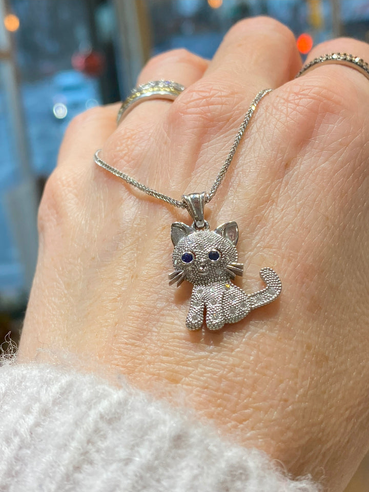 14K White Gold Cat Pendant Necklace with Sapphires &amp; Diamonds