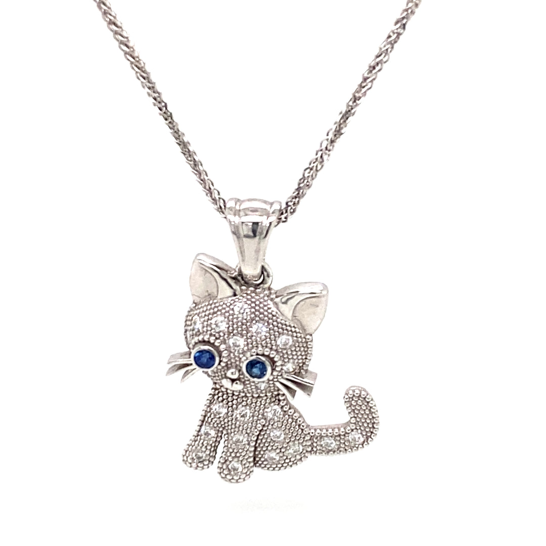 14K White Gold Cat Pendant Necklace with Sapphires &amp; Diamonds
