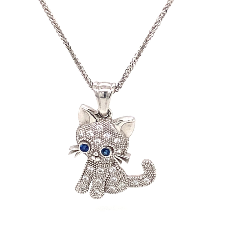 14K White Gold Cat Pendant Necklace with Sapphires &amp; Diamonds