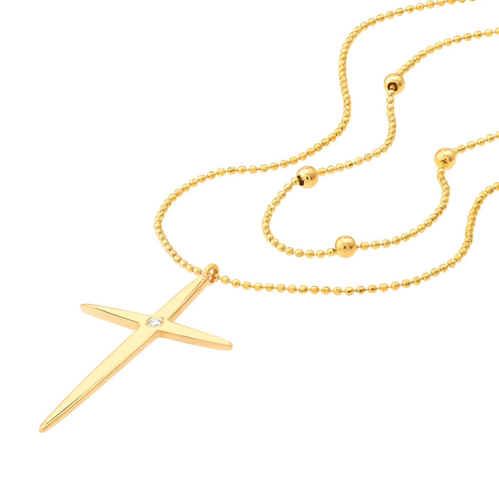 14K Yellow Gold Bead &amp; Diamond Cross Duo Necklace