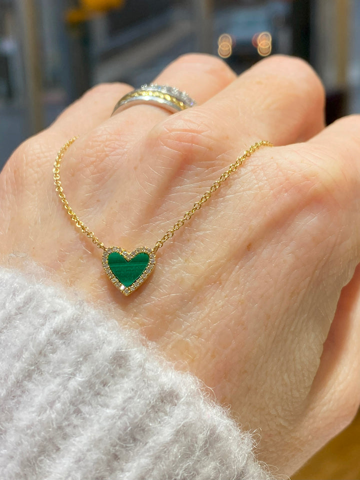 14K Yellow Gold Malachite Heart Diamond Necklace