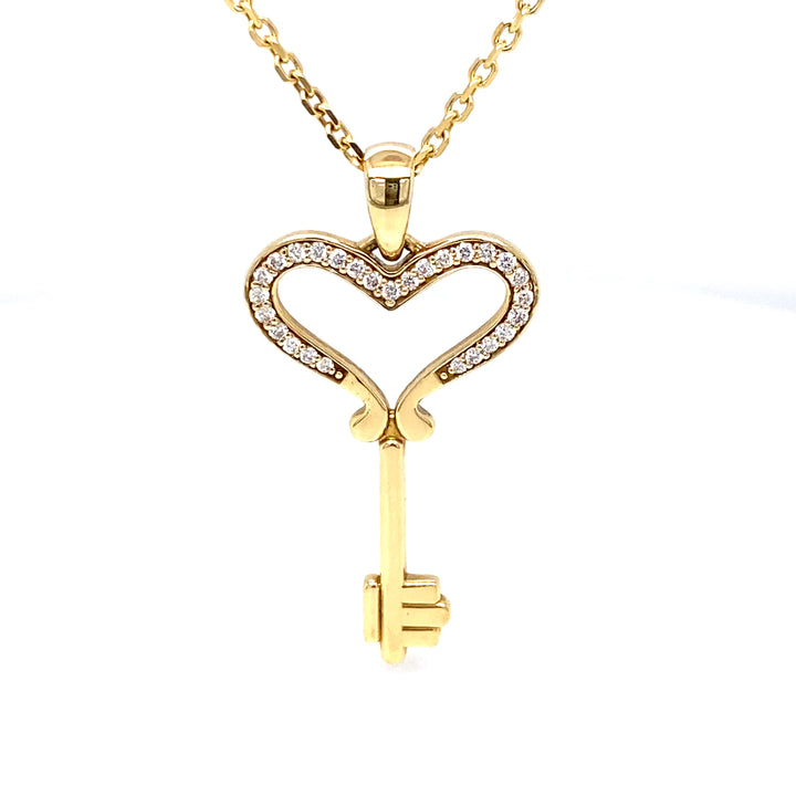 18K Gold Heart-Shaped Diamond Key Pendant