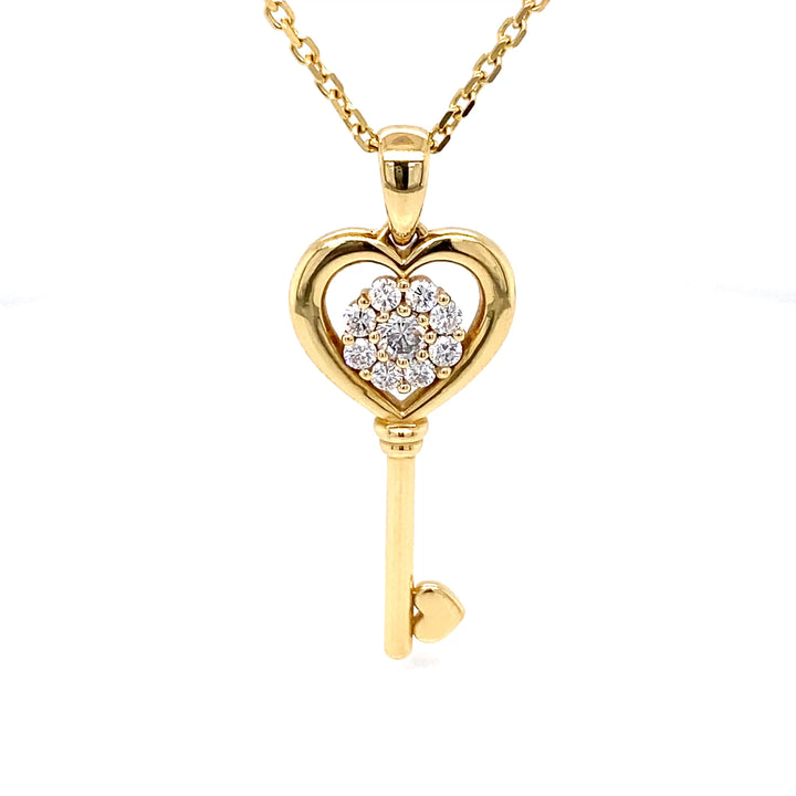 18K Yellow Gold Heart Key Pendant with Diamond Cluster