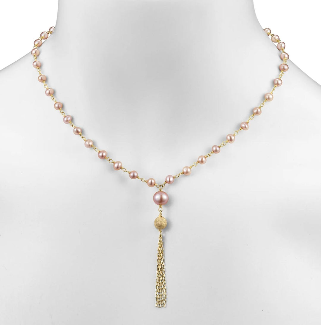 14K Yellow Gold Pink Freshwater Pearl Fringe Necklace
