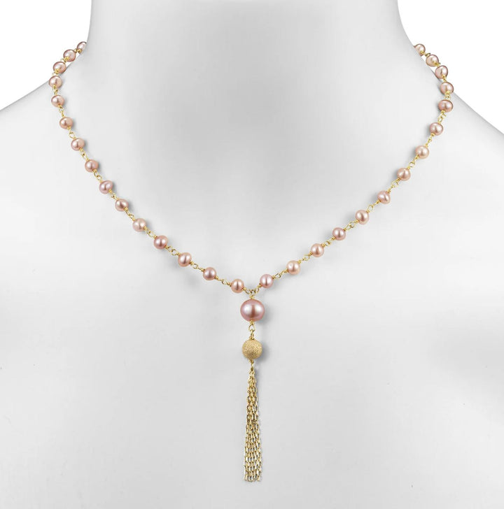 14K Yellow Gold Pink Freshwater Pearl Fringe Necklace