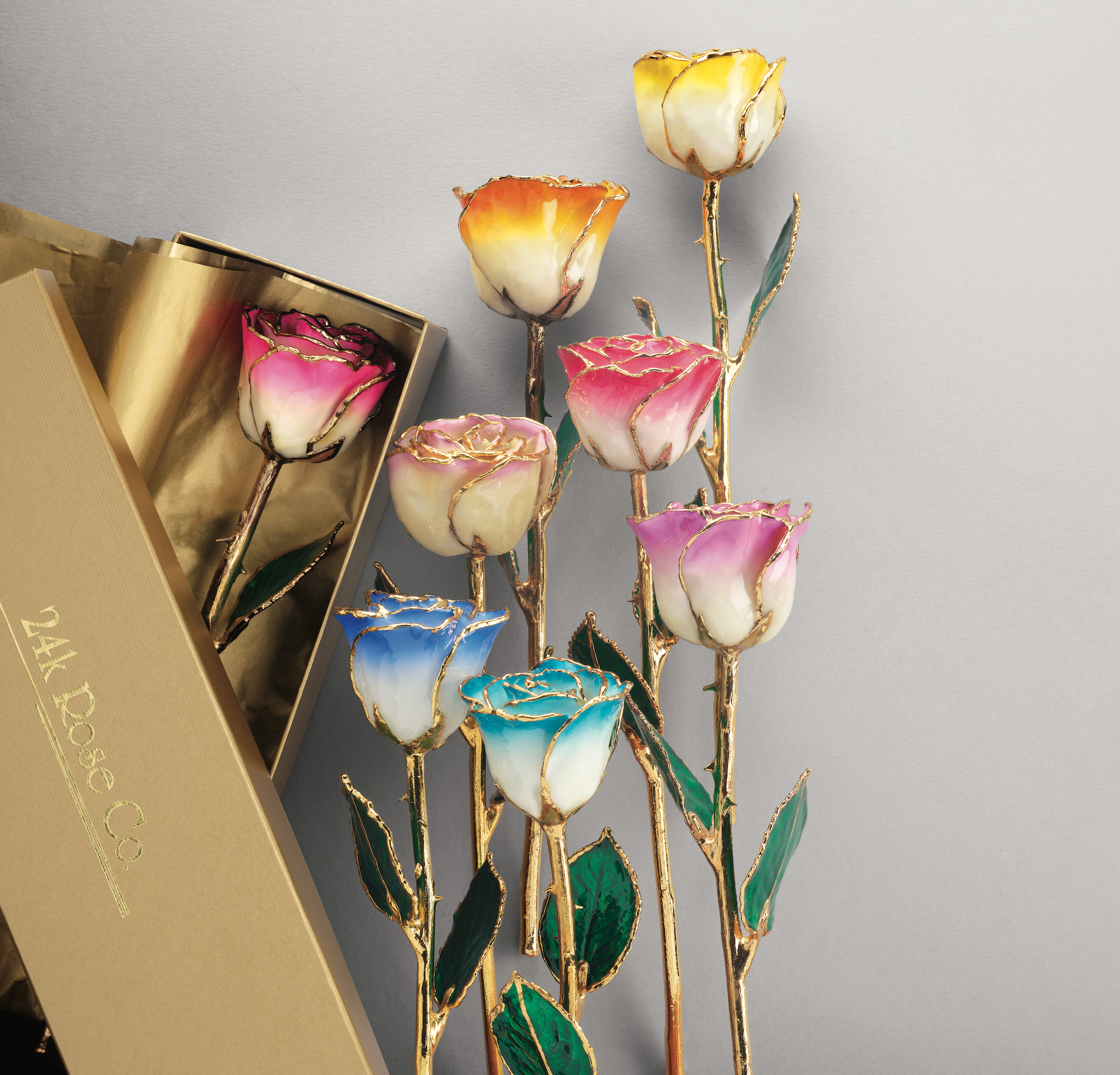Timeless elegance captured in lacquered real roses with 24K gold trim.