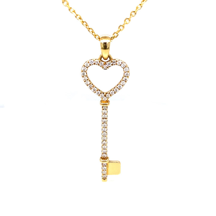 18K Gold Diamond Heart Key Pendant Necklace