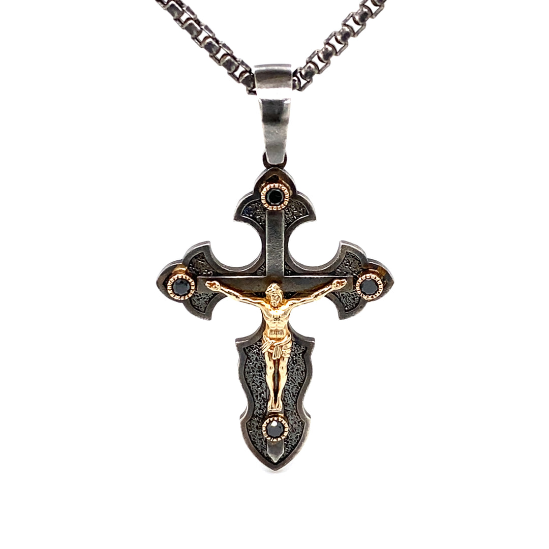 Sterling silver and 14K yellow gold crucifix pendant with black diamonds front view