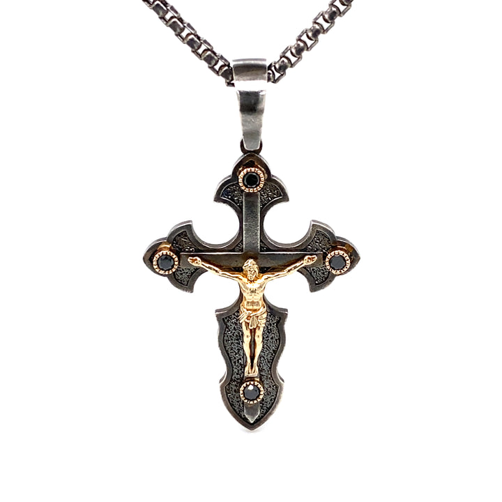 Sterling silver and 14K yellow gold crucifix pendant with black diamonds front view