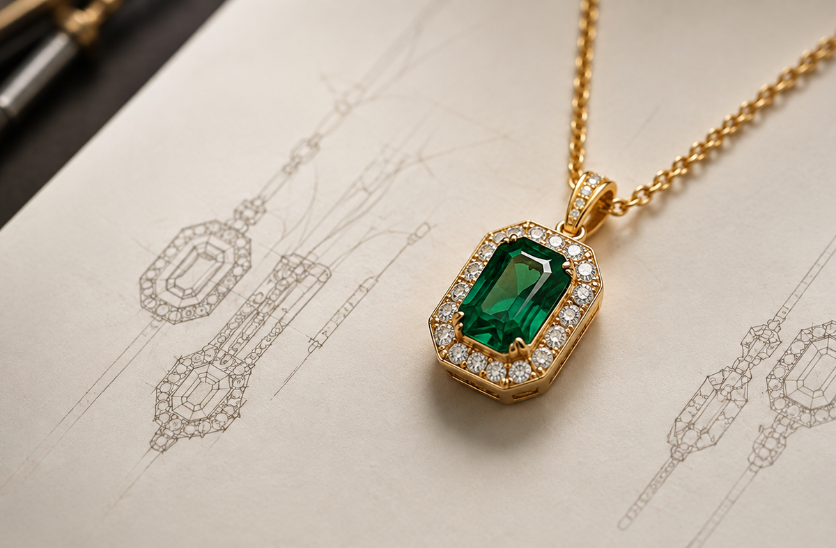 Custom emerald and diamond pendant designed at Couture Jewelry Atelier in New York City