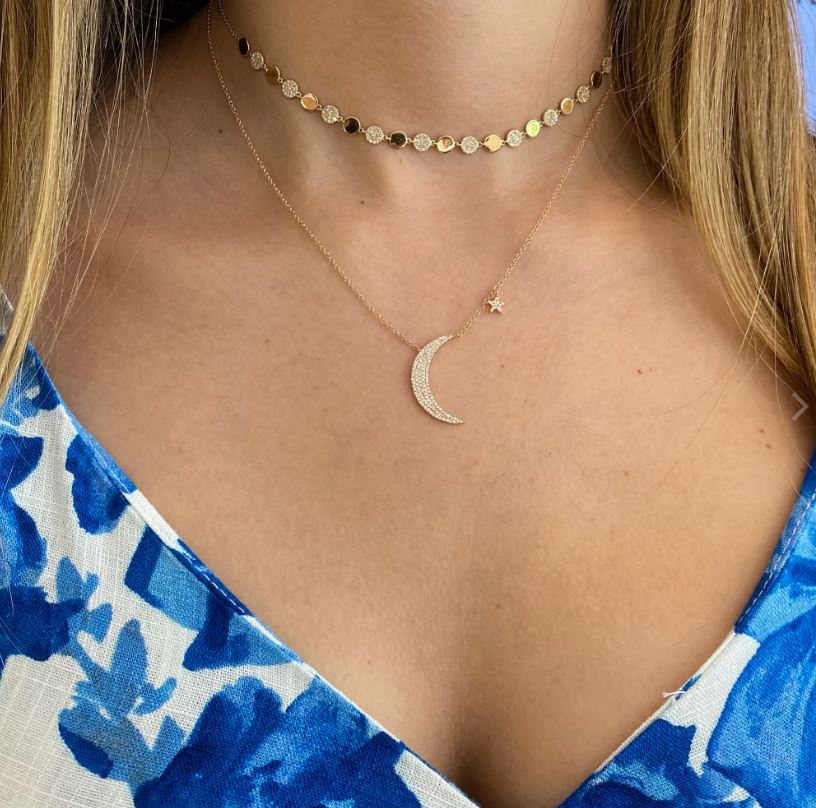 14K White Gold Diamond Moon &amp; Star Necklace