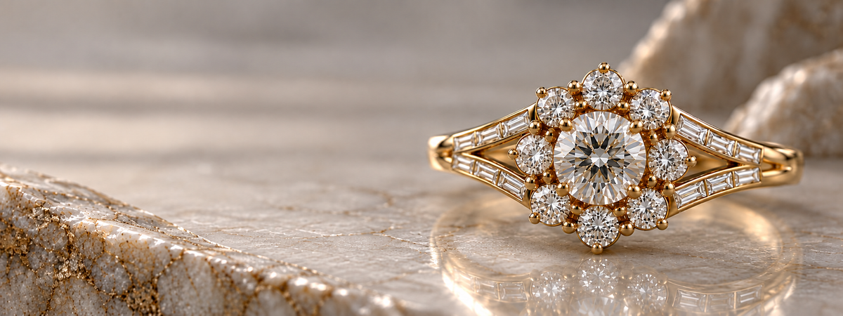 Gold diamond halo ring with baguette diamond accents on a beige marble surface.