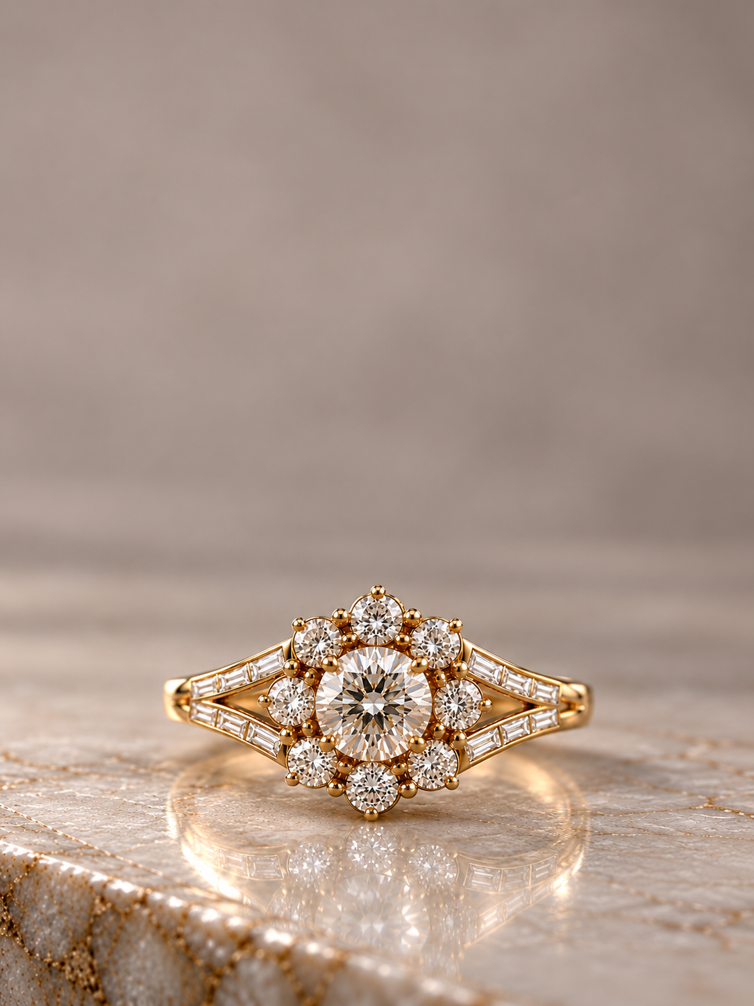 Gold diamond halo ring with baguette diamond accents on beige marble.