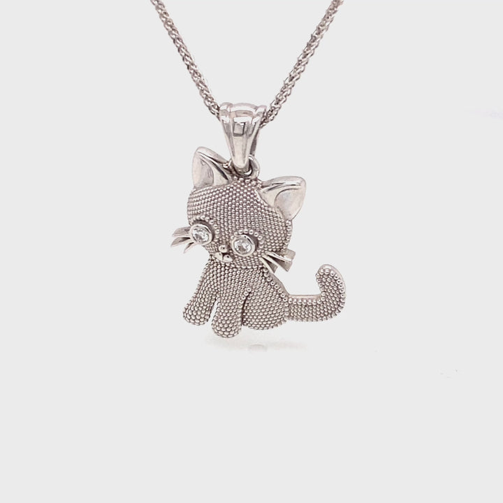 14K White Gold Cat Pendant Necklace with Diamond Eyes
