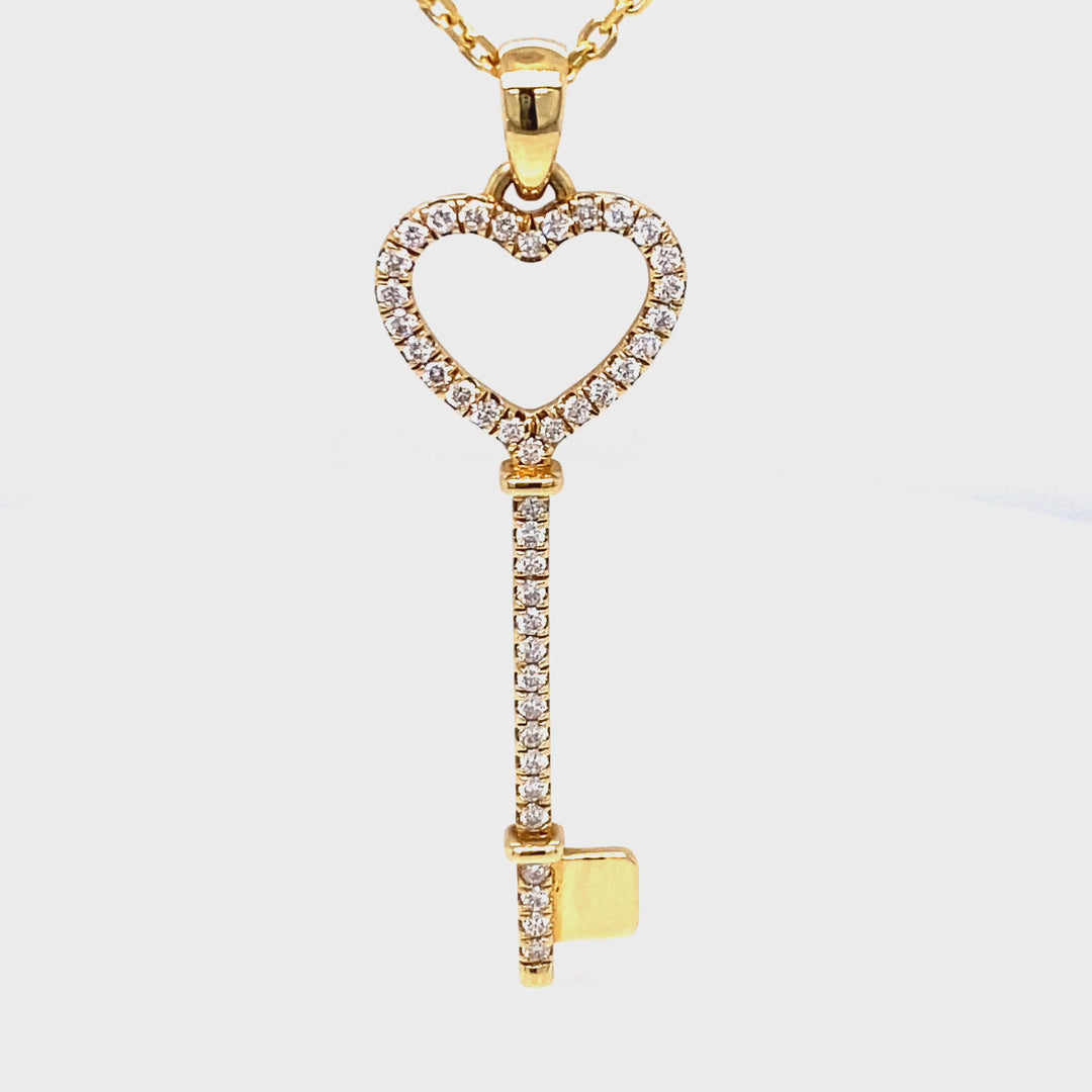 18K Gold Diamond Heart Key Pendant Necklace