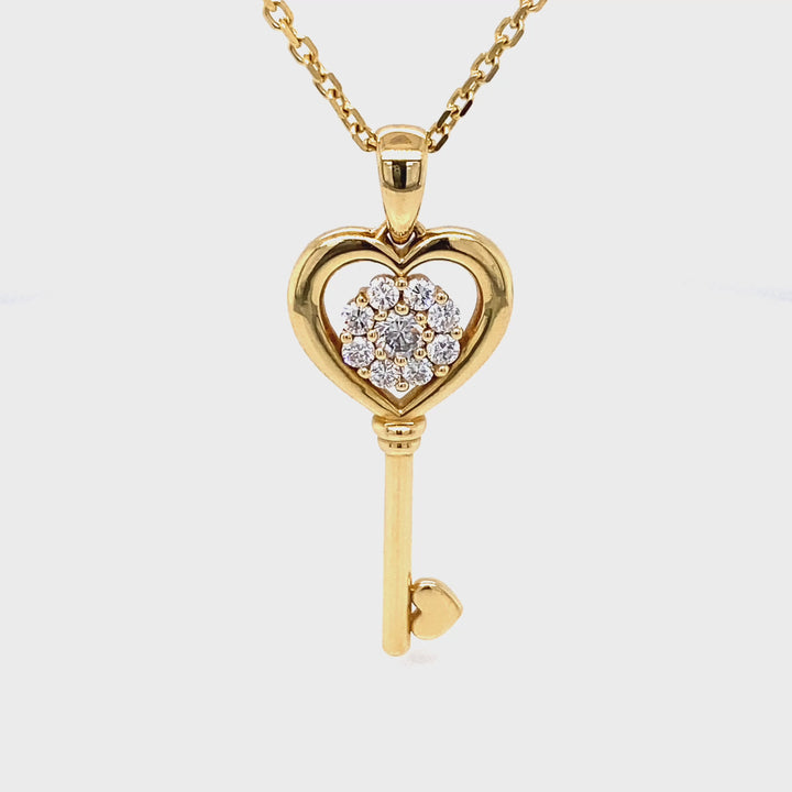 18K Yellow Gold Heart Key Pendant with Diamond Cluster