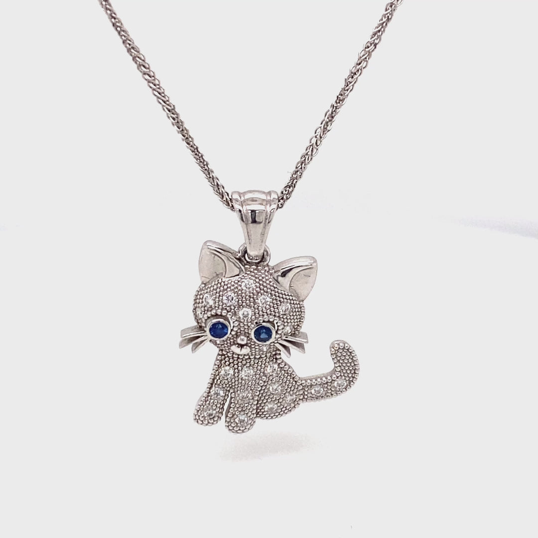 14K White Gold Cat Pendant Necklace with Sapphires &amp; Diamonds