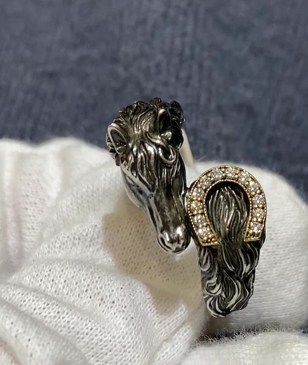 Sterling silver horse head ring with 18K yellow gold horseshoe and diamonds
