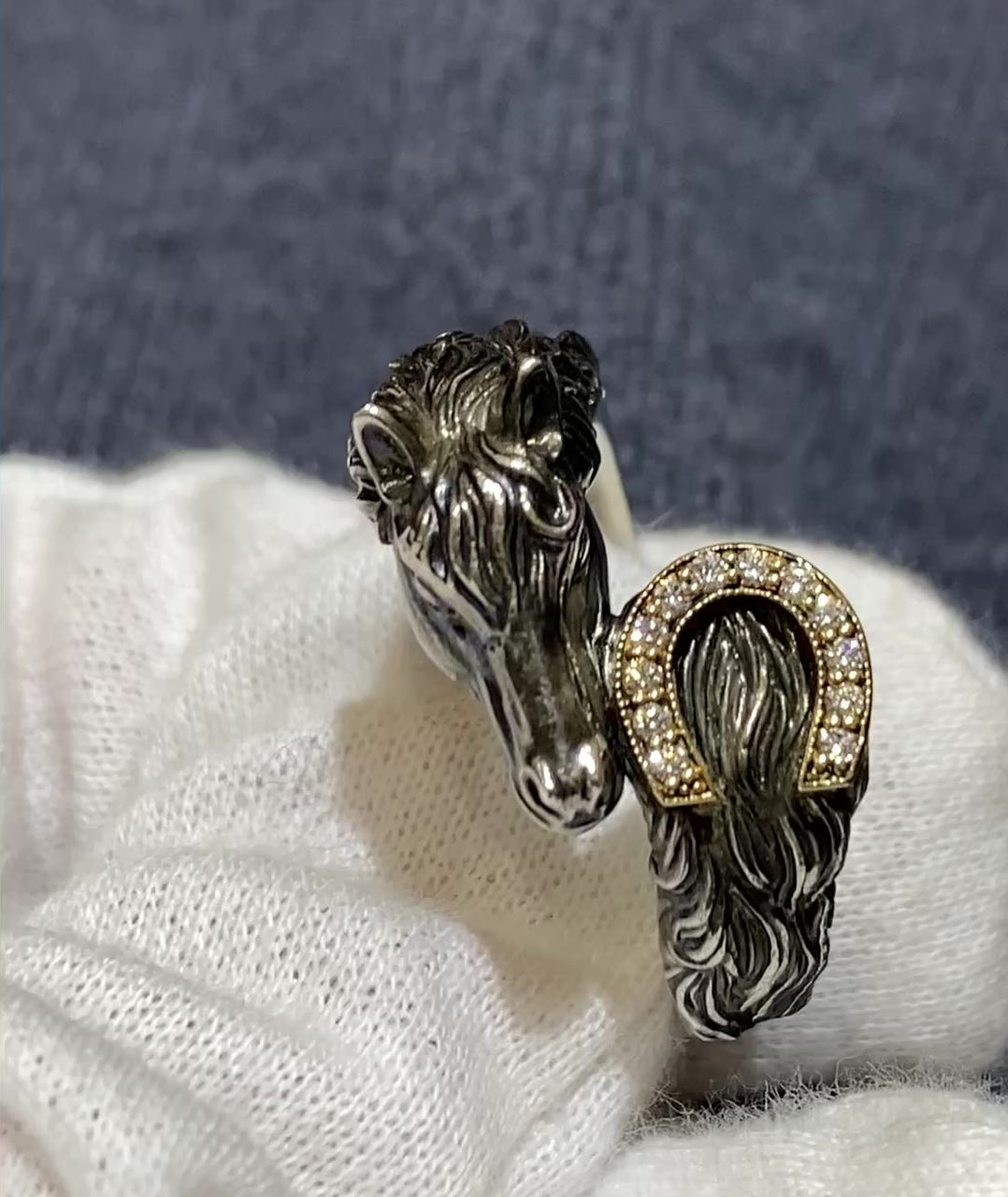 Sterling silver horse head ring with 18K yellow gold horseshoe and diamonds