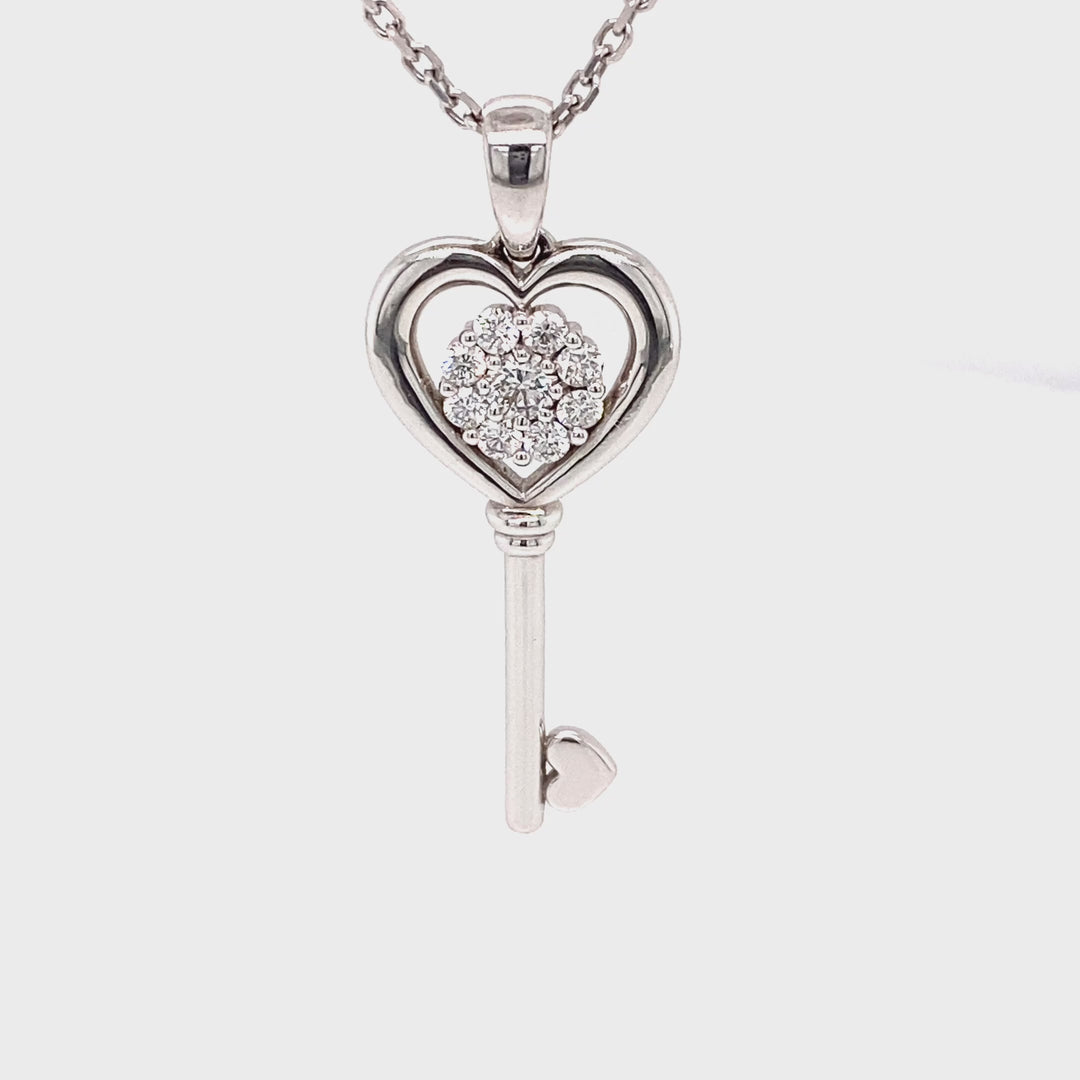18K White Gold Heart Key Diamond Cluster Pendant