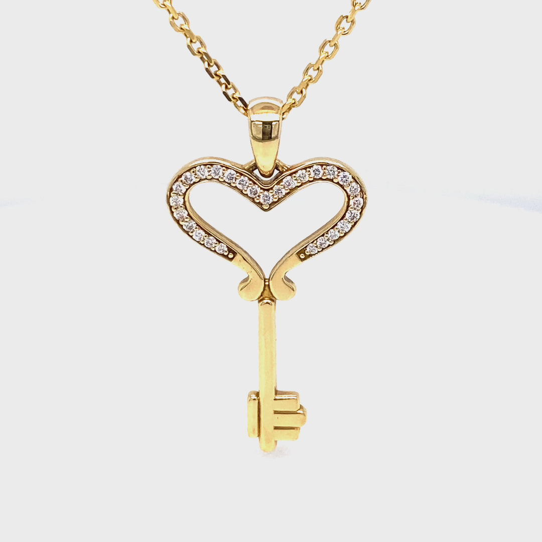 18K Gold Heart-Shaped Diamond Key Pendant