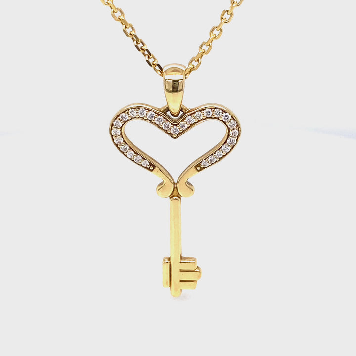 18K Gold Heart-Shaped Diamond Key Pendant