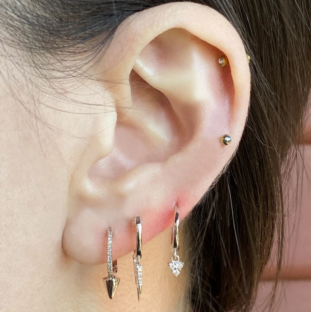 14K TRIPLE DIAMOND DAGGER HUGGIE HOOPS