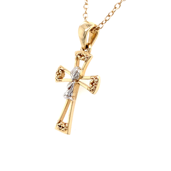 14K Two-Tone Gold Praying Girl Cross Pendant