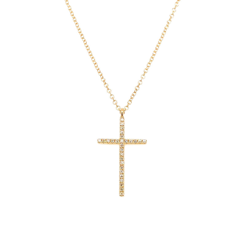 A 14-karat yellow gold cross necklace with small diamonds lining the perimeter, displayed against a white background.
