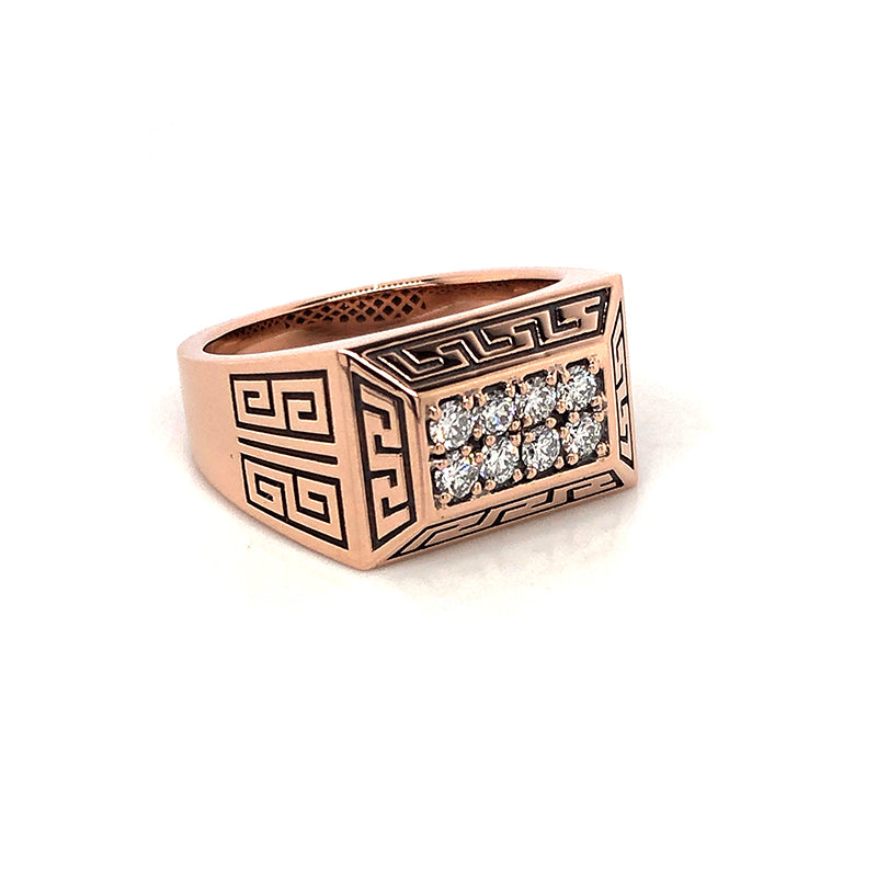 14K rose gold diamond Greek key ring with 8 natural diamonds